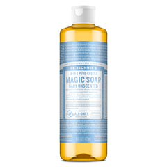 Dr. Bronner's front packaging showing clean unscented bottle and benefits