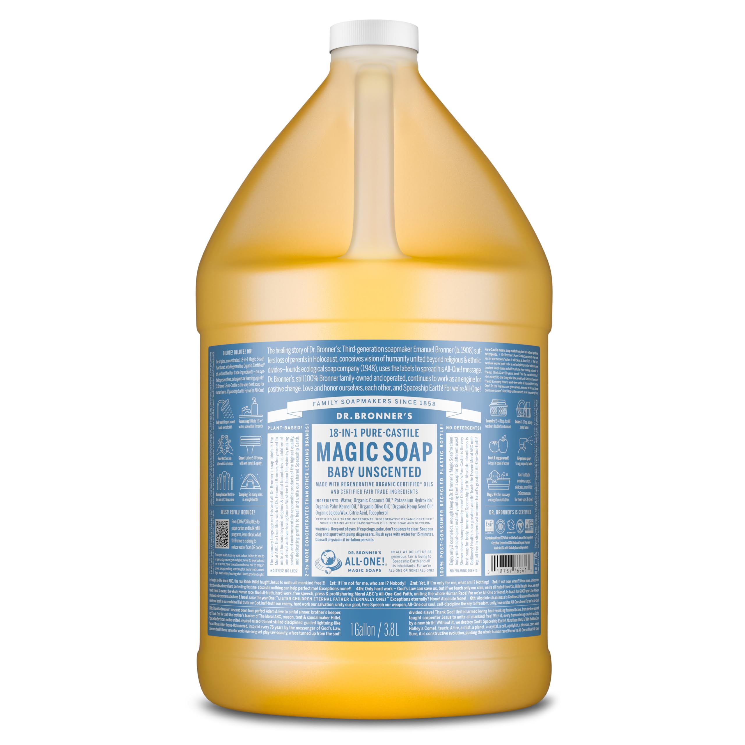 Dr. Bronner's baby unscented gallon front label showing product benefits