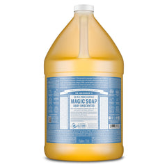 Dr. Bronner's baby unscented gallon front label showing product benefits