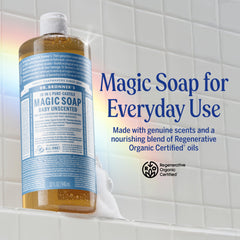 Dr. Bronner's pouring liquid soap shows texture and easy dispensing