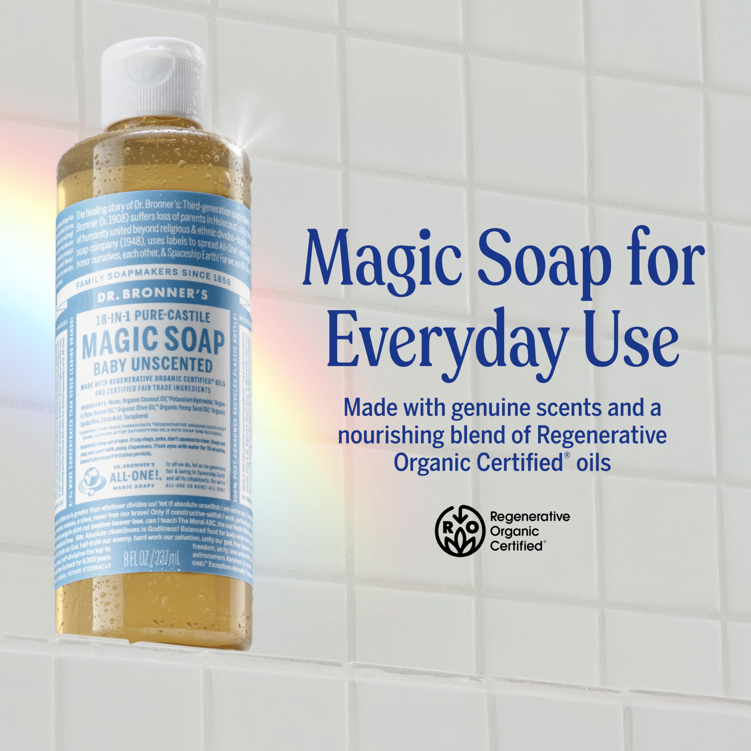 Dr. Bronner's bottle pouring gentle liquid texture for easy dilution benefit