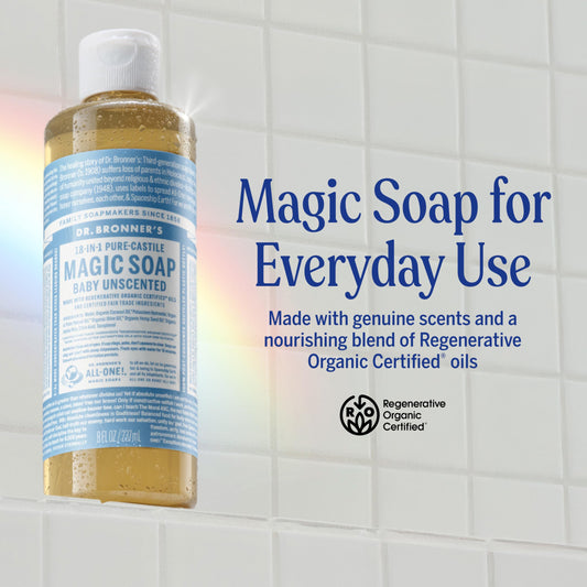 Dr. Bronner's bottle pouring gentle liquid texture for easy dilution benefit