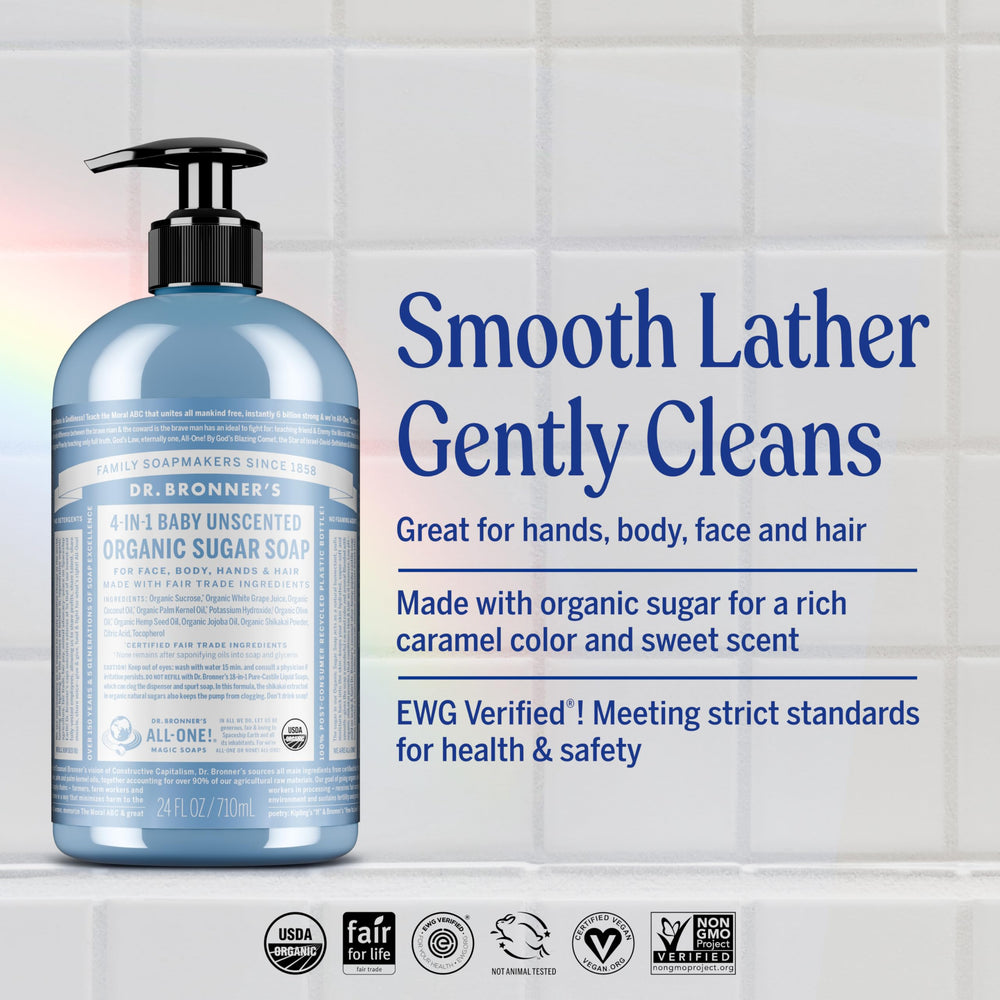 Dr. Bronner's bottle with pump dispensing foam, demonstrating easy everyday use