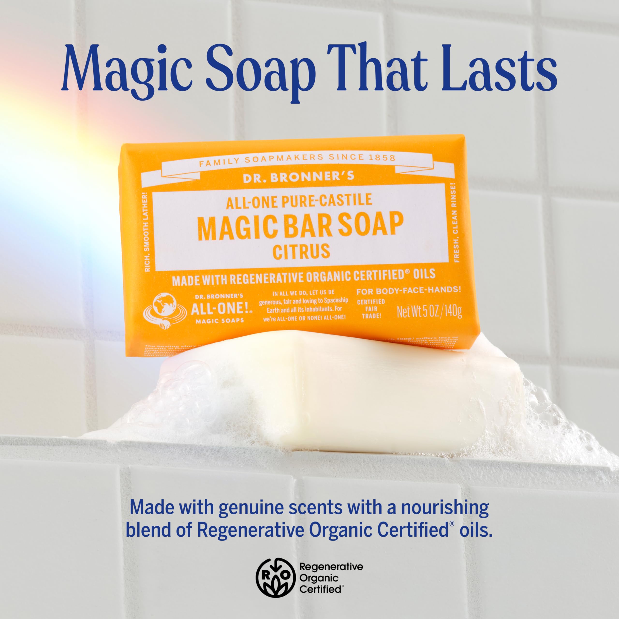 Dr. Bronner's bar producing rich lather to demonstrate effective cleansing foam