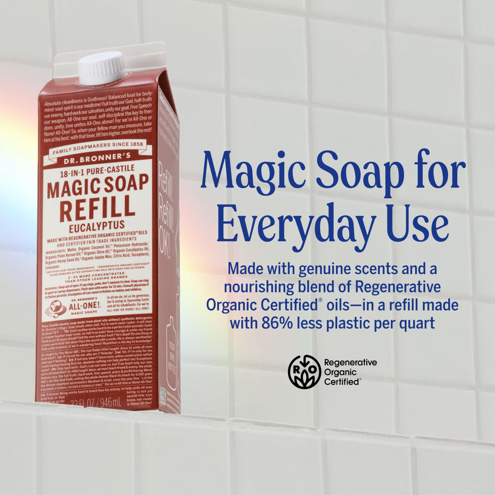 Dr. Bronner's bottle pump closeup enabling easy dispensing and refill convenience