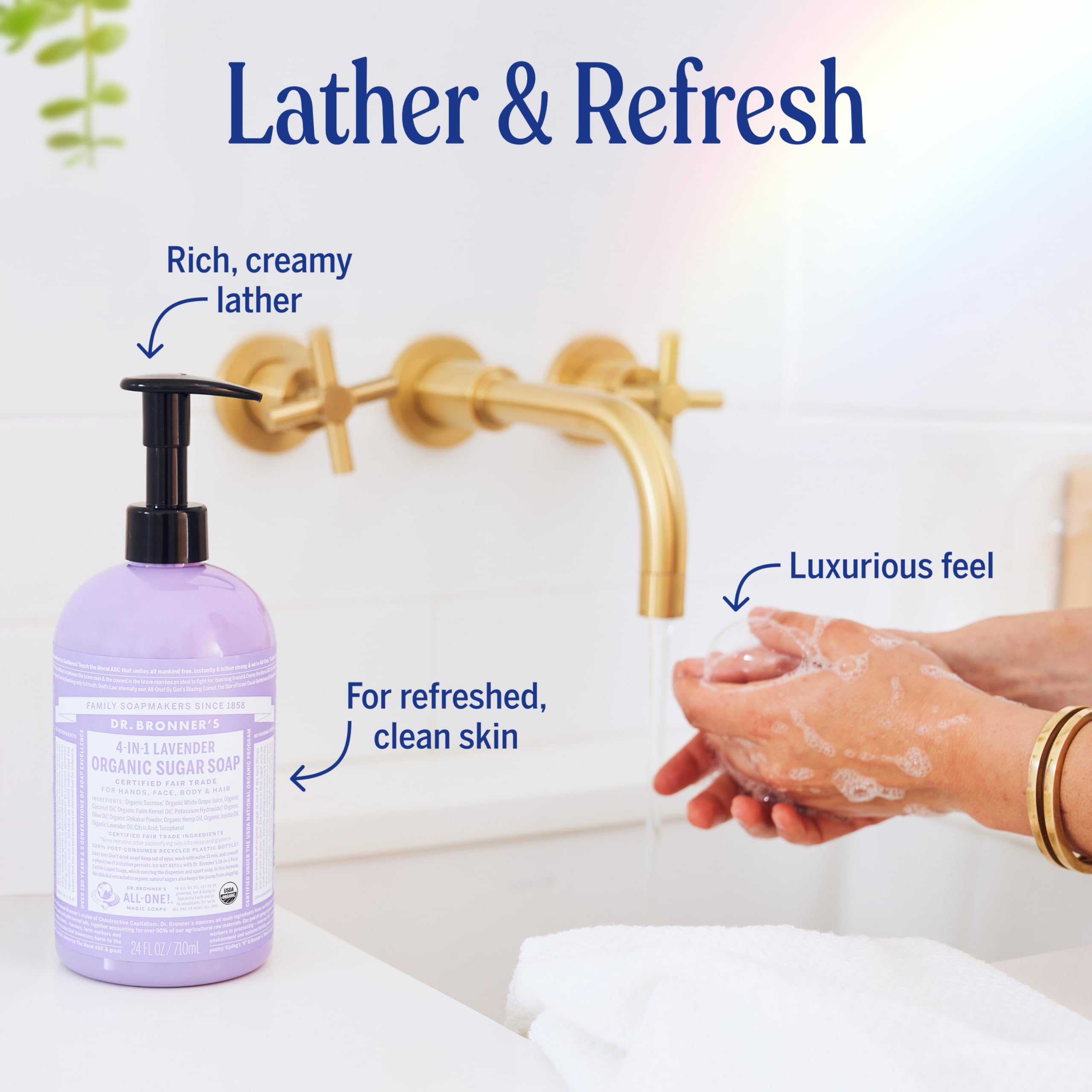 Dr. Bronner's bottle recycled plastic stamp emphasizing eco-friendly packaging benefit