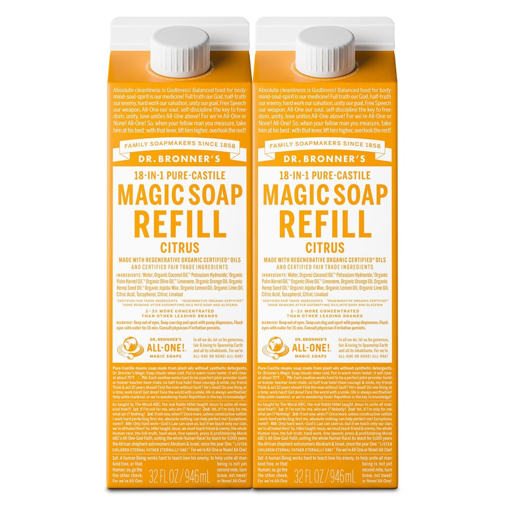 Dr. Bronner's citrus 2-pack front cartons showing eco refill benefit