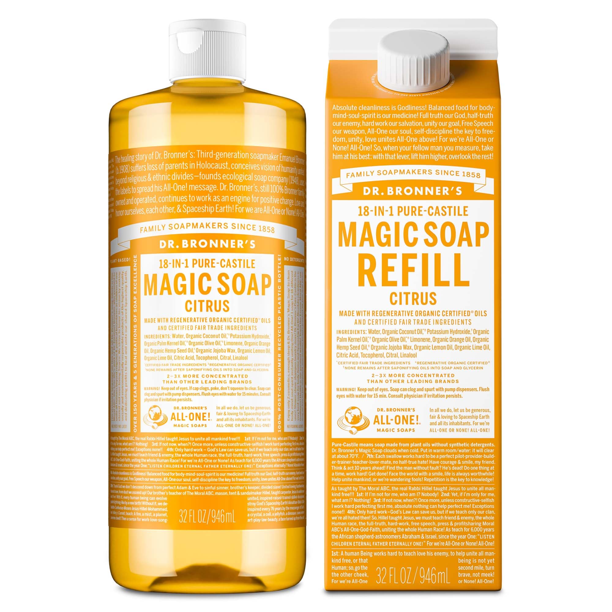 Dr. Bronner's front bottle view showing citrus label and eco benefits