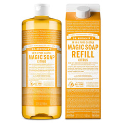 Dr. Bronner's front bottle view showing citrus label and eco benefits