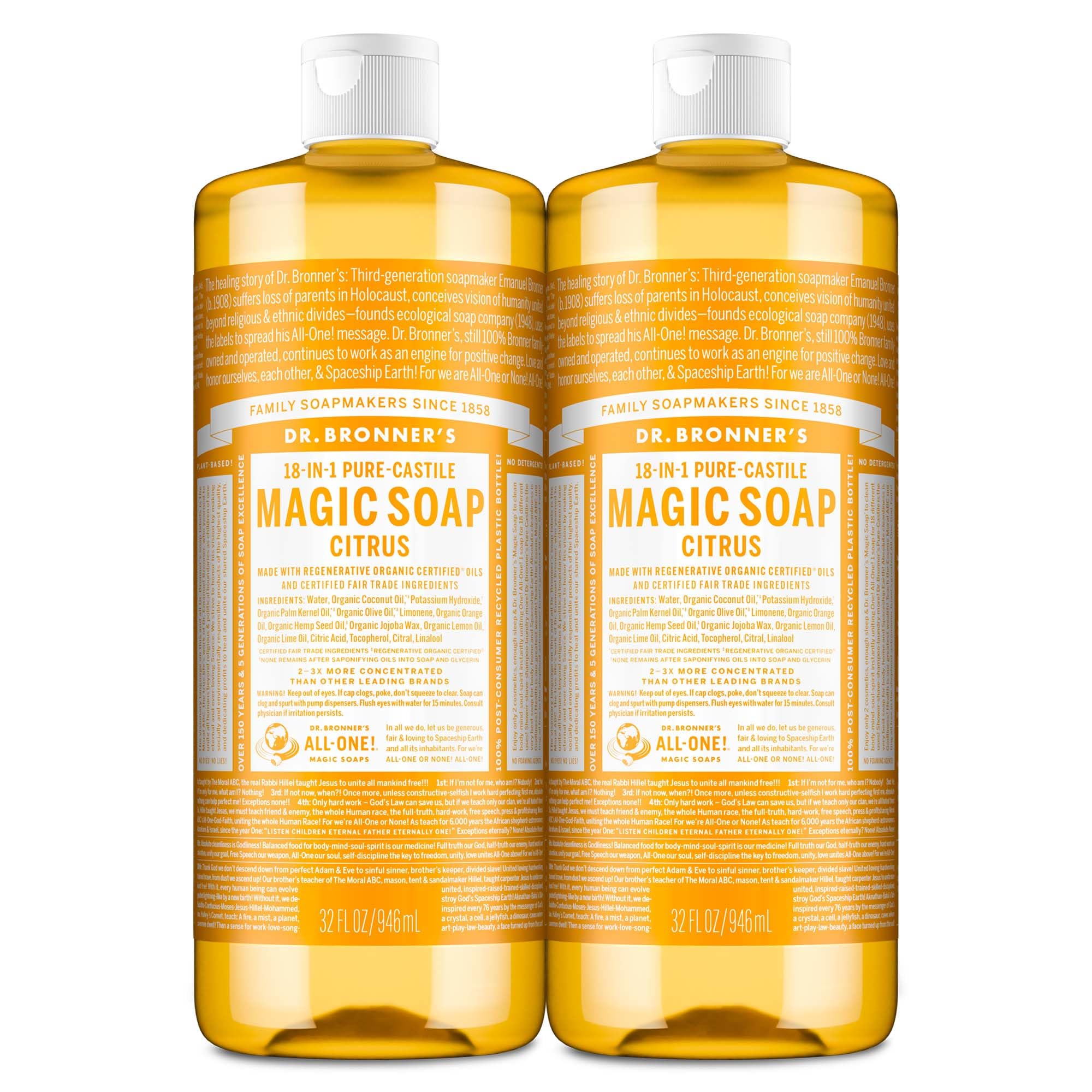 Dr. Bronner's citrus 32oz two-pack front view showing packaging and size benefit