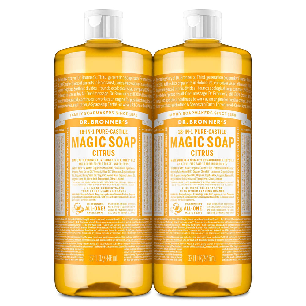Dr. Bronner's citrus 32oz two-pack front view showing packaging and size benefit