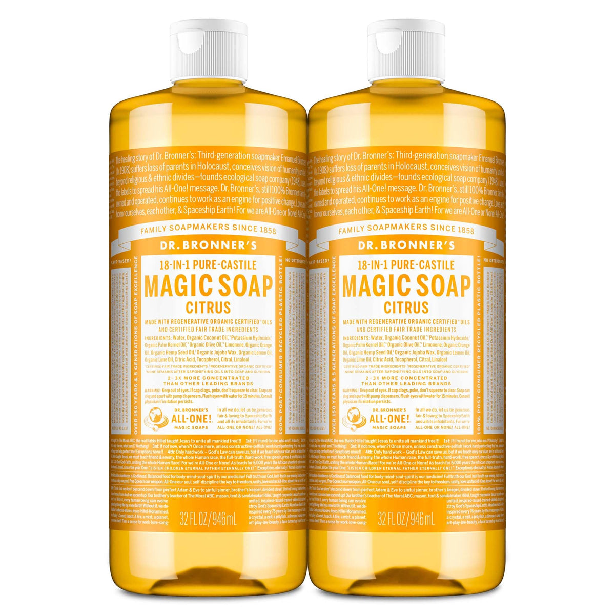 Dr. Bronner's citrus 32oz two-pack front view showing packaging and size benefit
