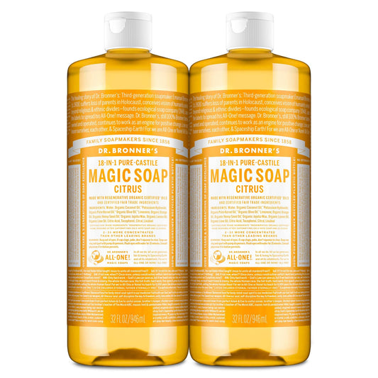 Dr. Bronner's citrus 32oz two-pack front view showing packaging and size benefit