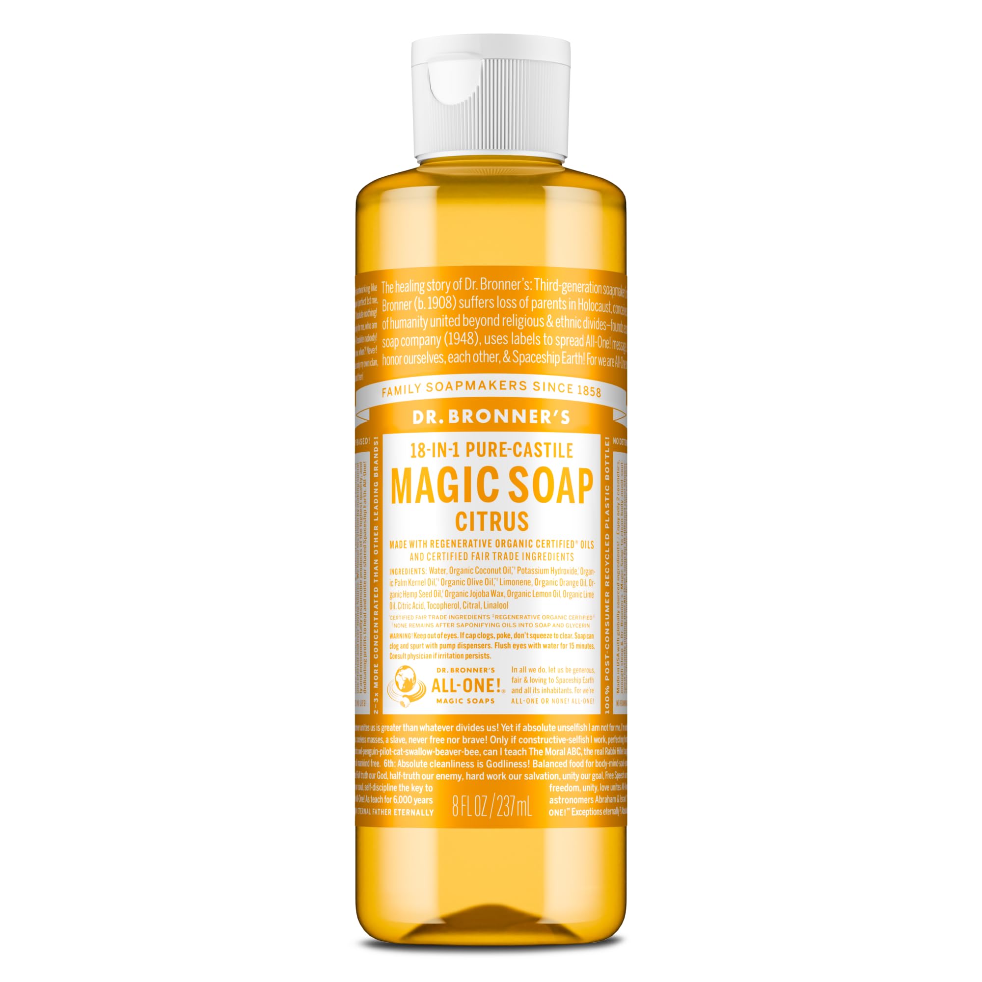 Dr. Bronner's citrus front packaging showing brand and concentrated benefit