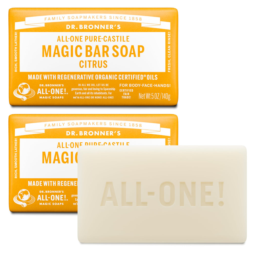 Dr. Bronner's citrus bar front packaging showing two wrapped bars and label benefits