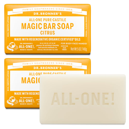 Dr. Bronner's citrus bar front packaging showing two wrapped bars and label benefits
