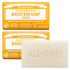 Dr. Bronner's citrus bar front packaging showing two wrapped bars and label benefits