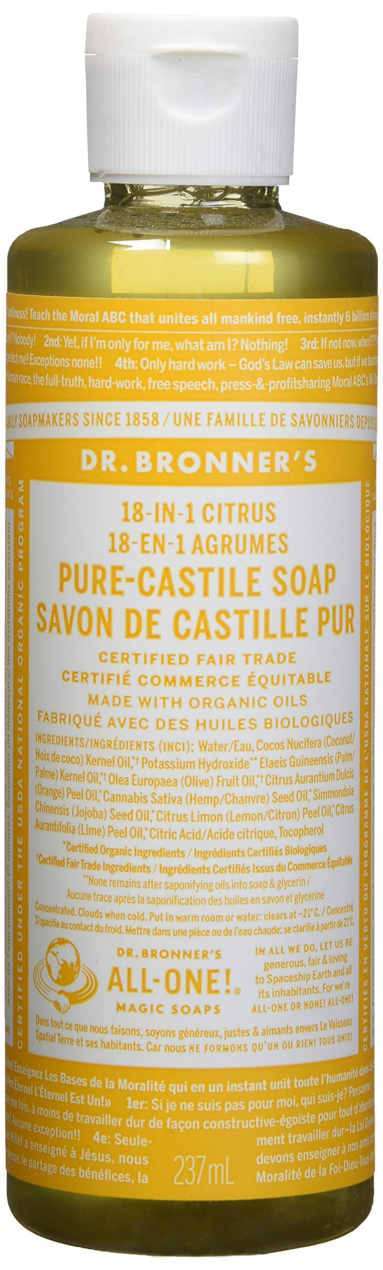Dr. Bronner's Citrus Orange front bottle showing label and orange tint for quick identification and natural scent