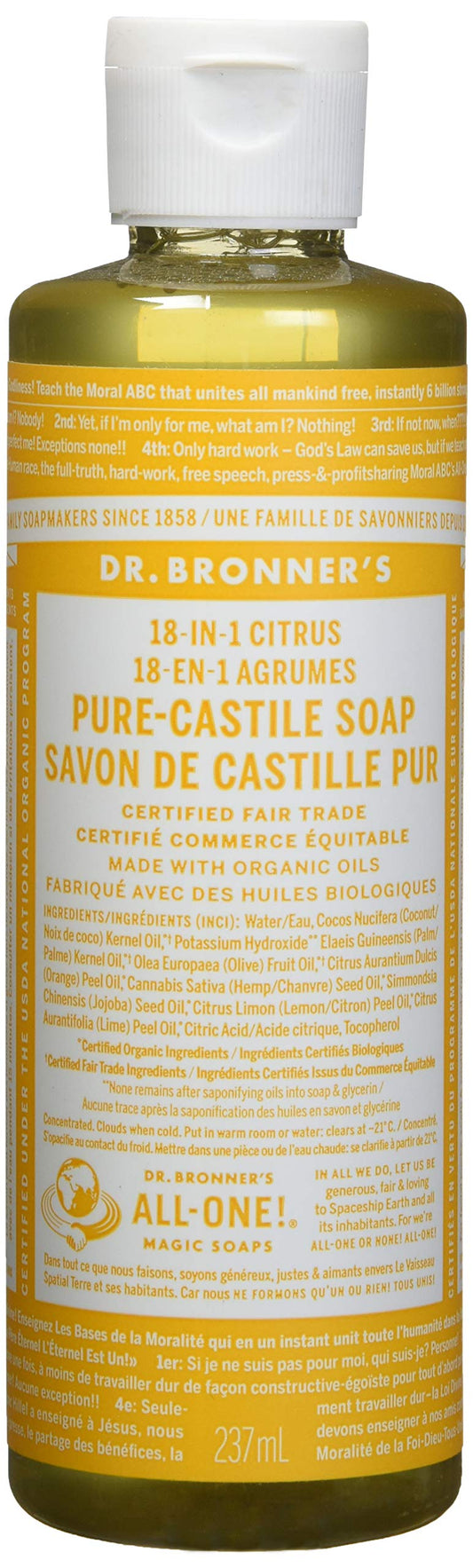 Dr. Bronner's Citrus Orange front bottle showing label and orange tint for quick identification and natural scent