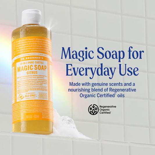 Dr. Bronner's pouring citrus soap to illustrate controlled, economical use