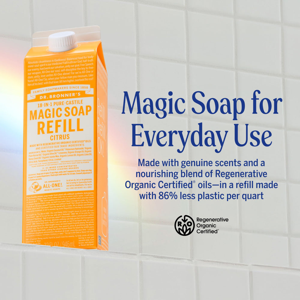 Dr. Bronner's citrus pour spout detail reducing spills and waste