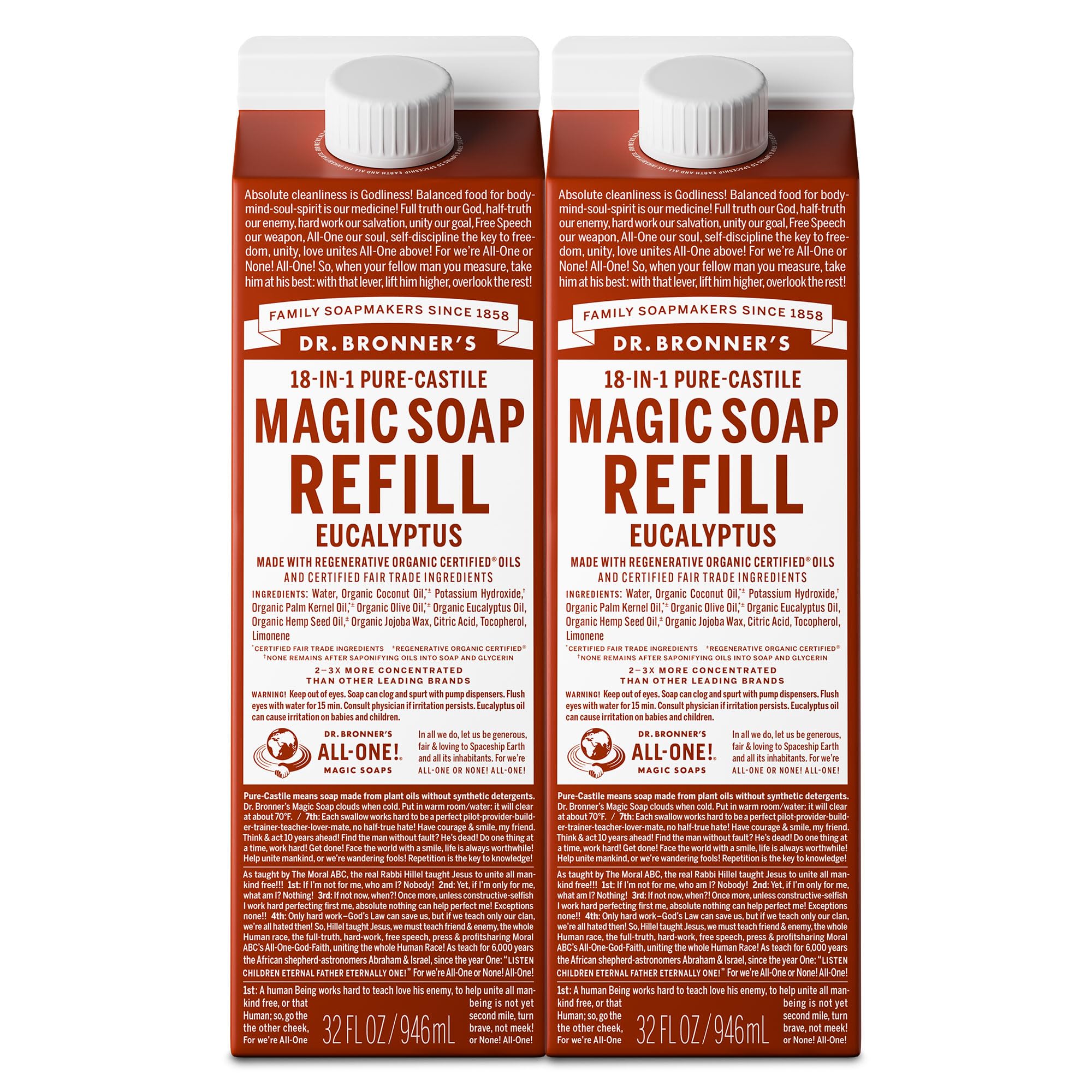 Dr. Bronner's eucalyptus two-pack front packaging showing refill cartons and branding benefits