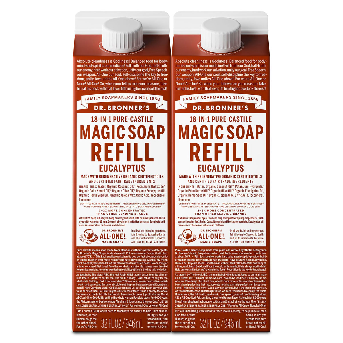 Dr. Bronner's eucalyptus two-pack front packaging showing refill cartons and branding benefits