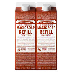 Dr. Bronner's eucalyptus two-pack front packaging showing refill cartons and branding benefits