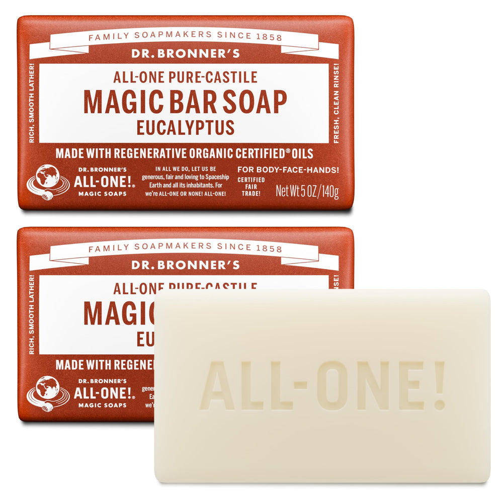 Dr. Bronner's eucalyptus bar front packaging showing brand and scent for clear purchase choice