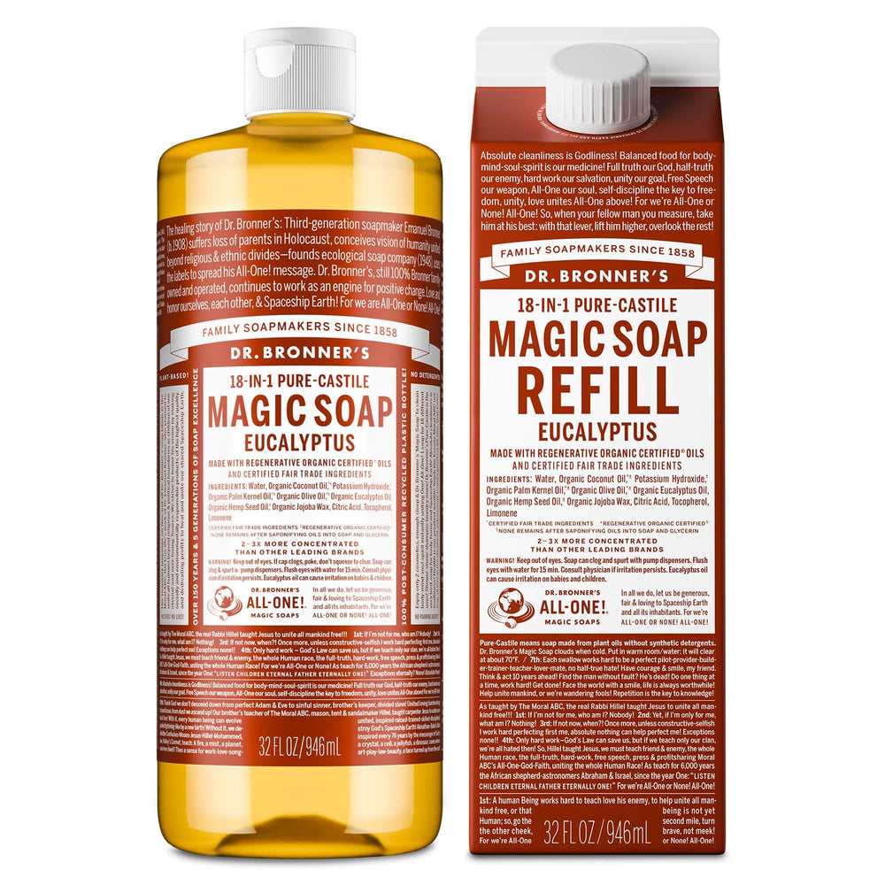 Dr. Bronner's eucalyptus bottle front showing clear label and organic benefits