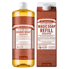 Dr. Bronner's eucalyptus bottle front showing clear label and organic benefits