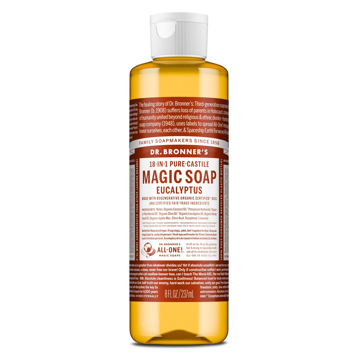 Dr. Bronner's front label showing eucalyptus scent and product benefits