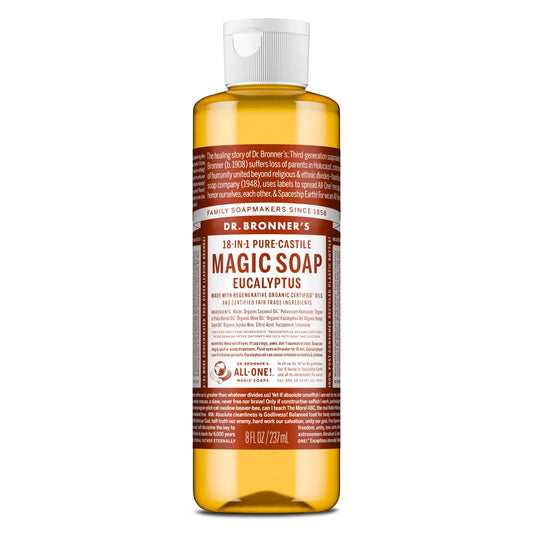 Dr. Bronner's front label showing eucalyptus scent and product benefits