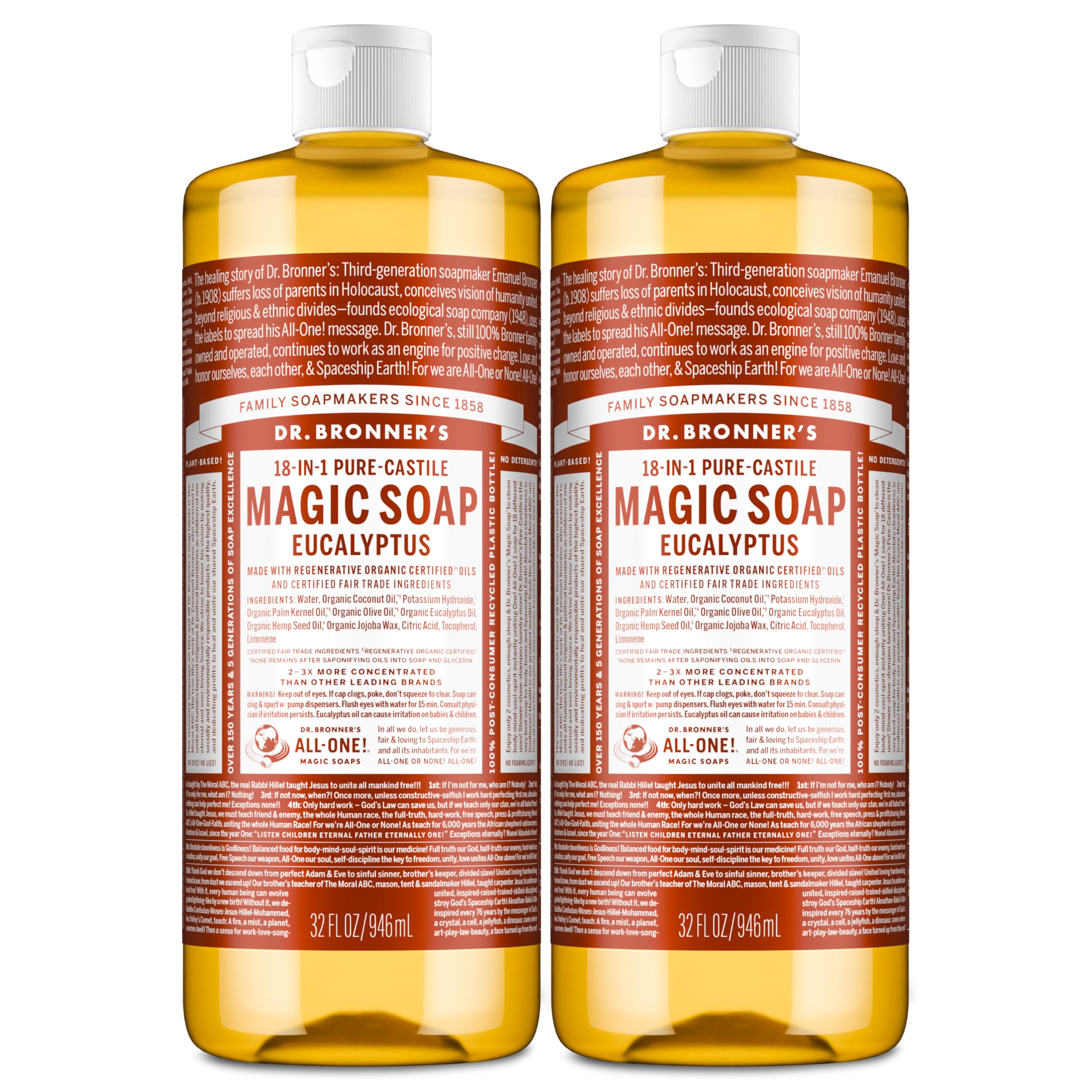 Dr. Bronner's eucalyptus front packaging showing product and size benefits