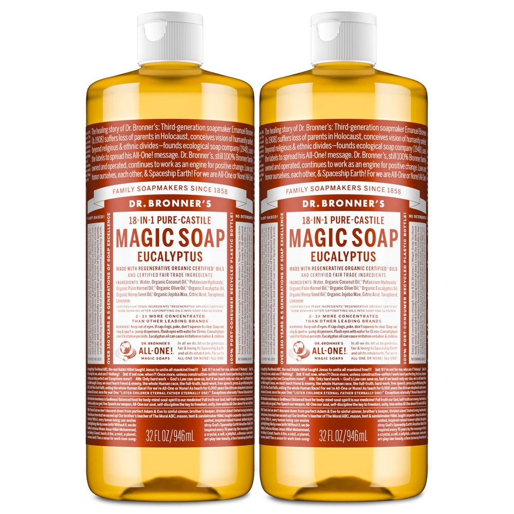 Dr. Bronner's eucalyptus front packaging showing product and size benefits