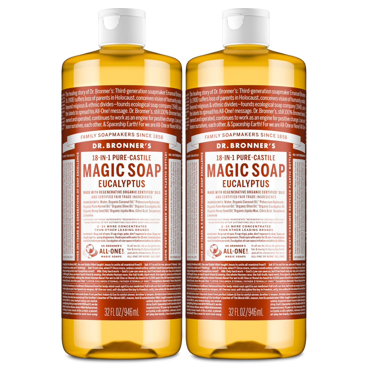 Dr. Bronner's eucalyptus front packaging showing product and size benefits