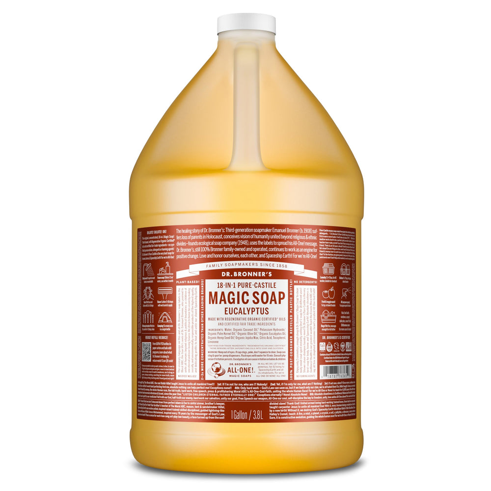 Dr. Bronner's eucalyptus gallon front label showing product benefits