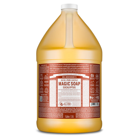Dr. Bronner's eucalyptus gallon front label showing product benefits