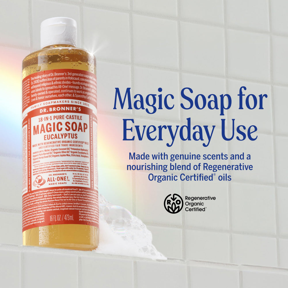 Dr. Bronner's eucalyptus soap pouring to create rich lather for cleaning