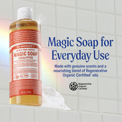 Dr. Bronner's eucalyptus soap pouring to create rich lather for cleaning