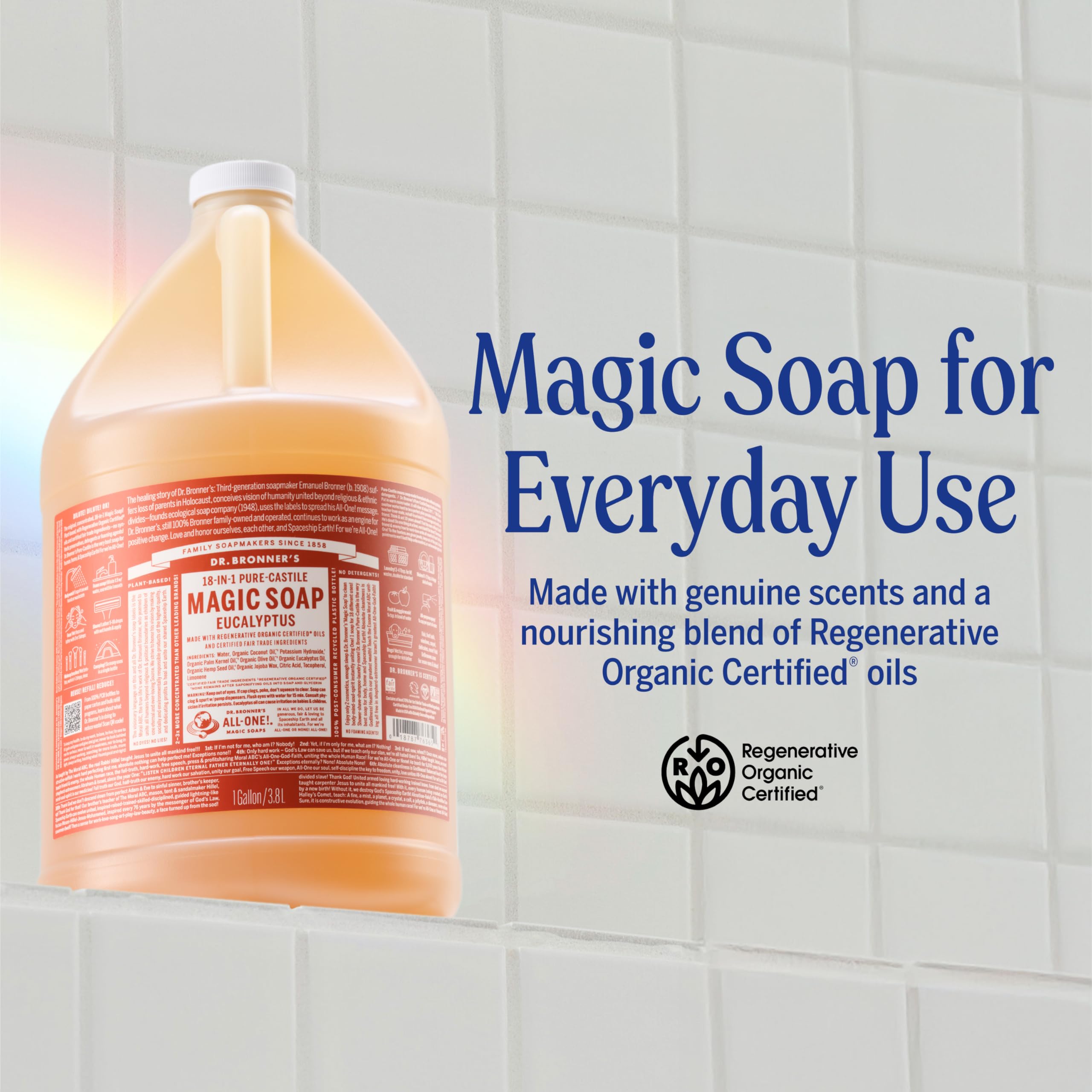 Dr. Bronner's eucalyptus soap being poured from gallon for dilution convenience