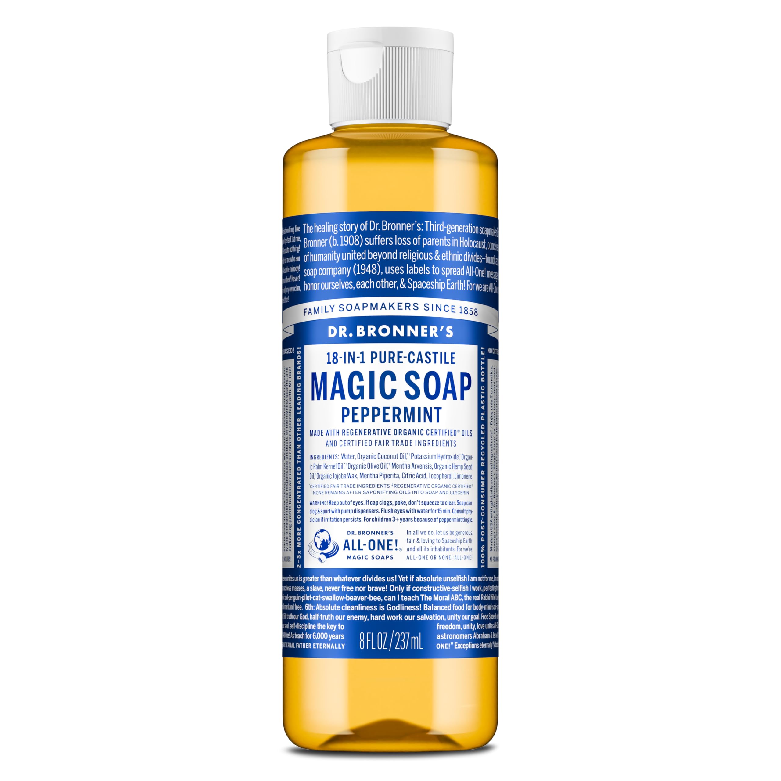 Dr. Bronner's front bottle showing peppermint label and eco benefits