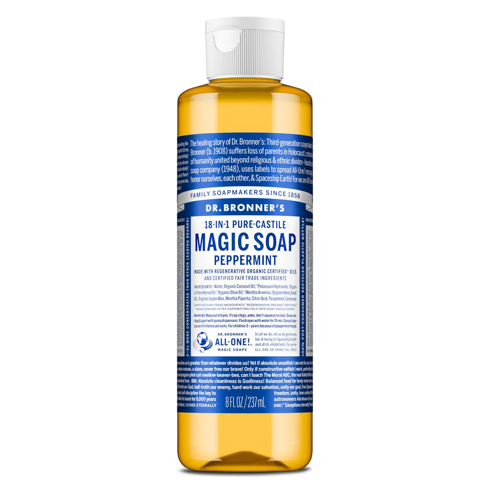 Dr. Bronner's front bottle showing peppermint label and eco benefits