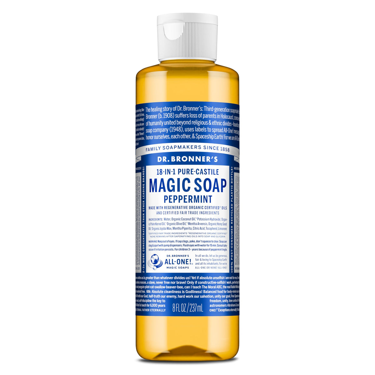 Dr. Bronner's front bottle showing peppermint label and eco benefits