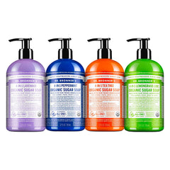 Dr. Bronner's front packaging showing four scented soap bottles and benefits