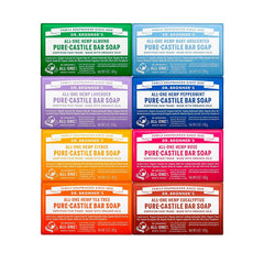 Dr. Bronner's front packaging showing eight 5 oz bars and variety benefits
