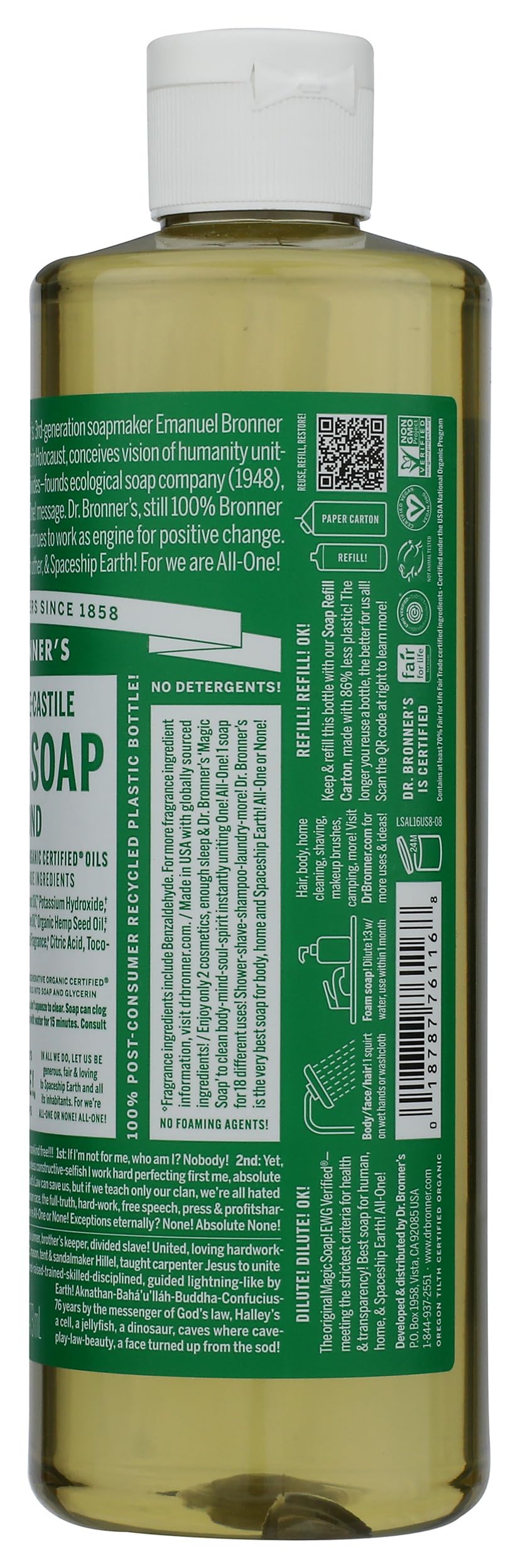 Dr. Bronner's bottle with recycled-plastic badge showing sustainable packaging benefit