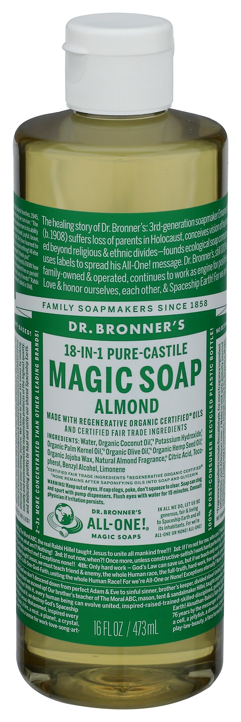 Dr. Bronner's bottle front packaging showing almond scent and branding benefits