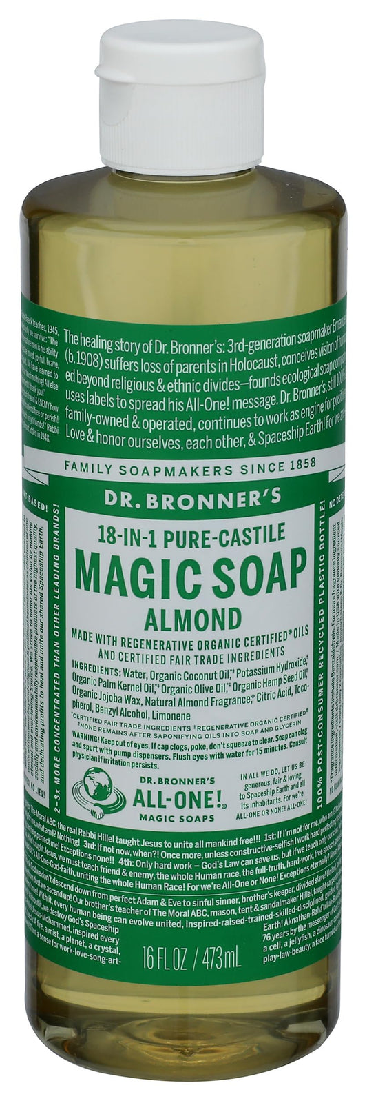 Dr. Bronner's bottle front packaging showing almond scent and branding benefits