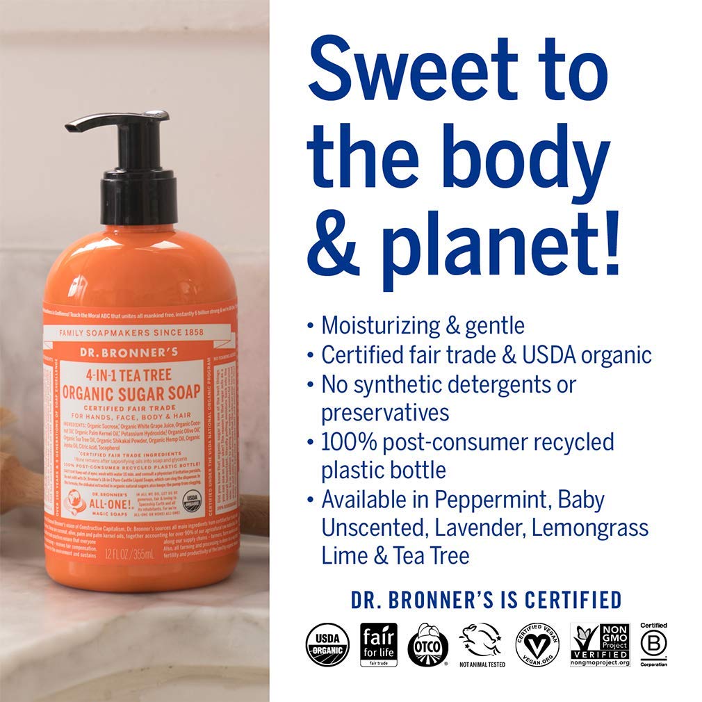 Dr. Bronner's bottle in shower demonstrating versatile body and hair use